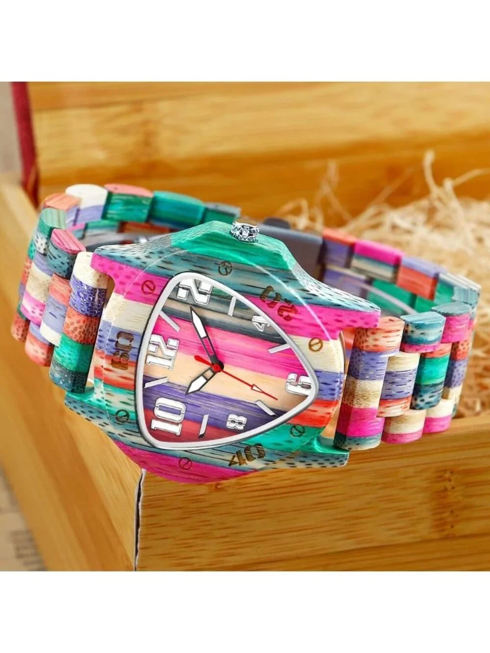 Men's Multi Color Analog Quartz Handmade Colorful Bamboo Triangle Wooden Watch